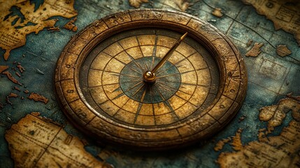 Antique compass on aged world map