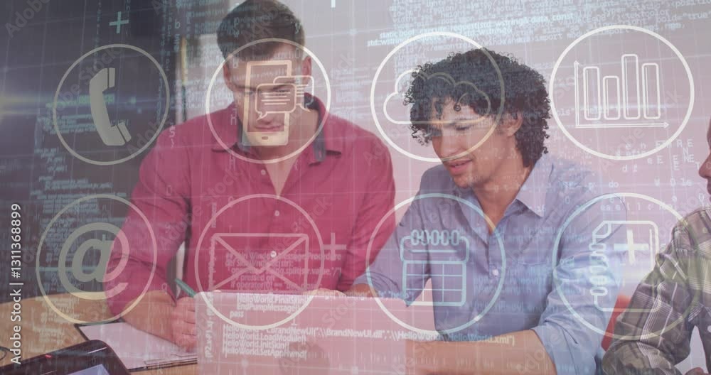 Poster working on laptop, two people using animation with digital communication icons