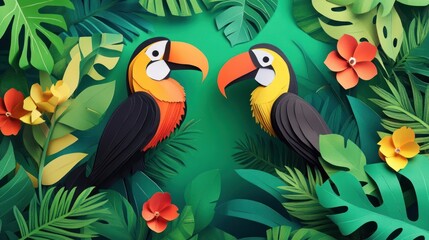 Two toucans amidst vibrant paper-cut tropical foliage and flowers.