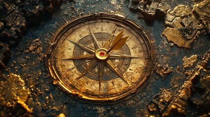 Fototapeta premium Antique compass, detailed view, gold, aged, map-like background