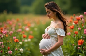 Young pregnant woman in a flower field during sunset
