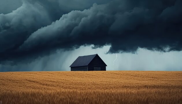 Thundercloud with a lightning bolt, over a field with a barn, rumbling in a summer storm sound moment