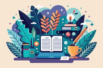 A vibrant display of poetry elements includes a laptop, plants, and art supplies in a colorful arrangement, Poetry Customizable Semi Flat Illustration