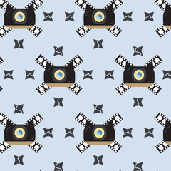 seamless pattern featuring retro camera icons with crossed film strips, creating a nostalgic and artistic vibe, This pattern comes with a transparent background.