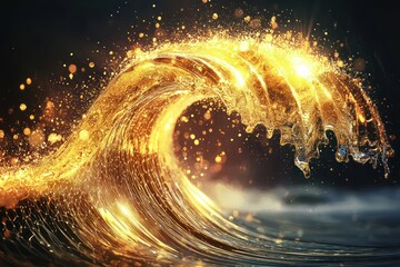 Shining bright highlights and particles in a golden wave.