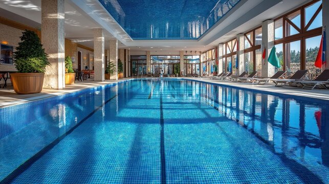 Luxurious indoor pool with sunlight, reflection and relaxing atmosphere at a spa resort