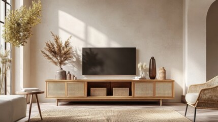 modern minimalist living room interior design with rattan furnit