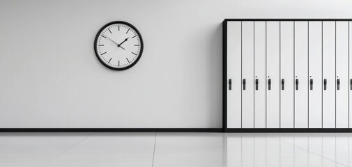 Wallmounted clock above a row of lockers, in an empty office break room with a modern design, marking time in a business setting