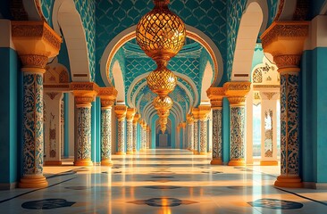 Ornate Corridor with Intricate Arches and Gold Chandeliers