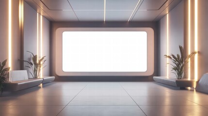 Futuristic Presentation Space: A sleek and modern presentation space featuring minimalist design elements, bright lighting, and an expansive blank screen perfect for showcasing your vision.