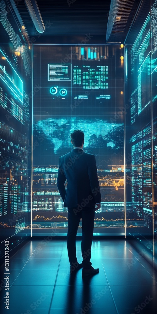 Poster a man stands in front of a computer monitor that displays a cityscape