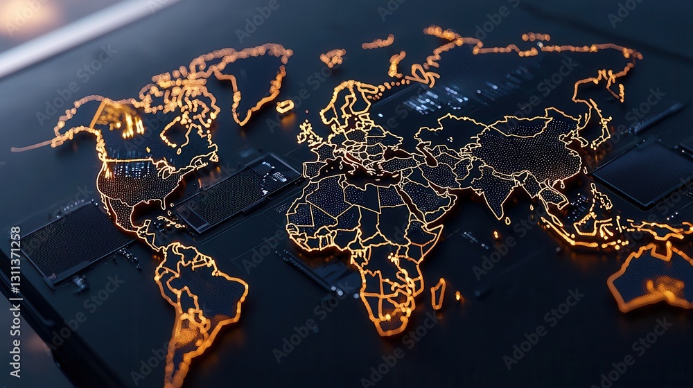 Poster neon world map with glowing lines and digital circuit design