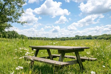 Obraz premium Wooden picnic table in a grassy meadow, with wildflowers blooming and a warm summer breeze rustling the leaves nearby