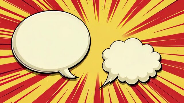 A cartoon drawing of two speech bubbles, one of which is white, and the other is yellow. The white bubble is empty, and the yellow bubble is filled with a cloud