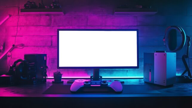 Digital Gaming Setup: A modern digital gaming setup is bathed in the vibrant glow of neon lights, creating a sleek and immersive environment for entertainment.