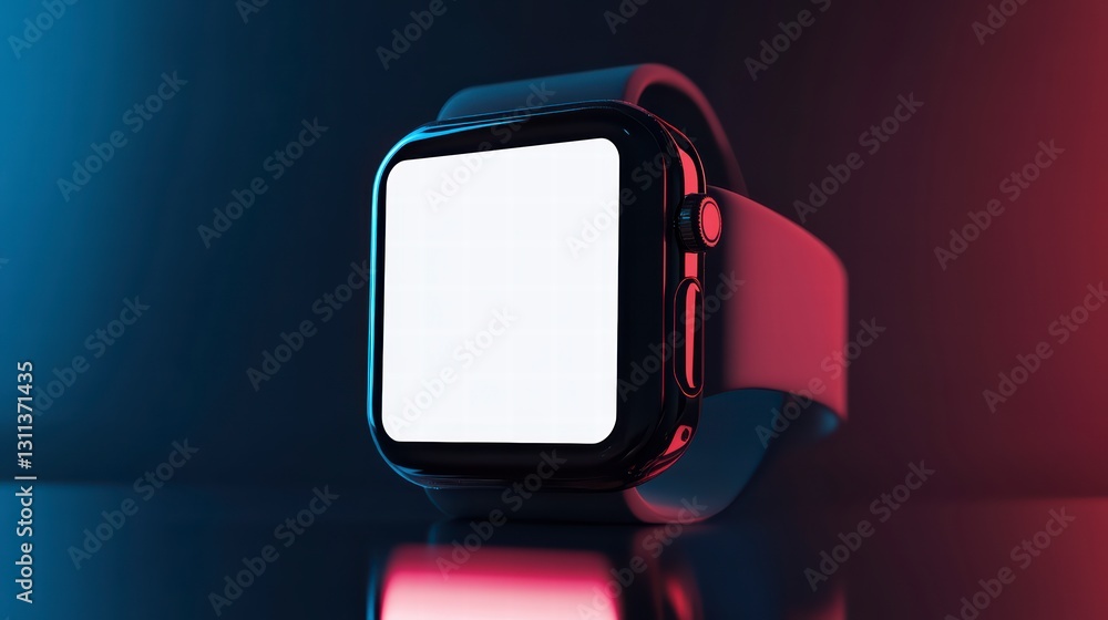 Poster smartwatch in dynamic lighting: a sleek smartwatch is illuminated by vibrant blue and red hues, show