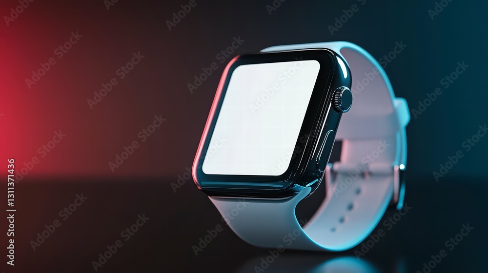 Poster elegant smartwatch on dynamic canvas: a modern smartwatch rests on a dark backdrop illuminated by vi