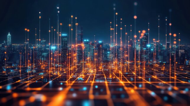 Smart city network futuristic cityscape at night