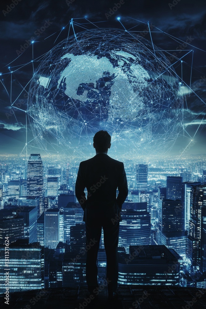 Poster a man stands in front of a cityscape with a globe in the background