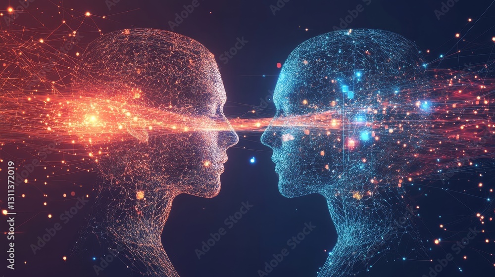 Aufkleber digital portraits representing connection and communication between minds
