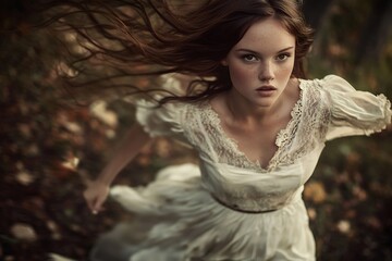 Naklejka premium Enchanting Forest Escape: A captivating woman with flowing auburn hair and a vintage dress emerges from the forest, with an expression of both determination and wonder.