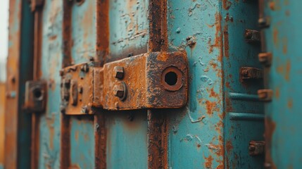 Rusty metal door hinge detail, close-up. Illustrates decay, neglect, or industrial themes.
