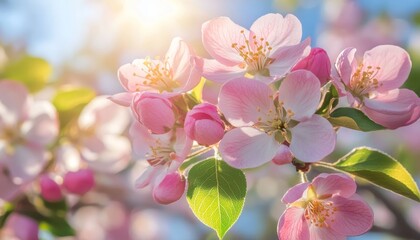 Obraz premium Beautiful Spring. Branch of a Blossoming Apple Tree with Pink Buds on Sunny Day, Blue Sky Background