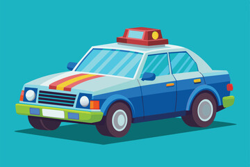 A vibrant, cartoon-style police car with a colorful design and emergency lights ready for customization, Police car Customizable Cartoon Illustration