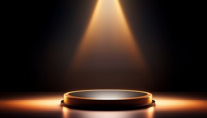 Spotlight on Podium. Black background, glowing soft spotlight illuminates center stage. Dramatic & focused.  Presentation or product display.

