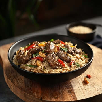 Beef and vegetable stir-fry served over rice in a black bowl