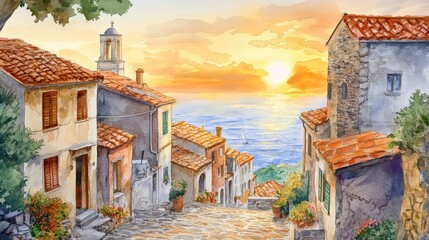 A charming watercolor scene of a small Italian village by the sea, cobblestone streets, rustic rooftops, and a golden sunset in the background 