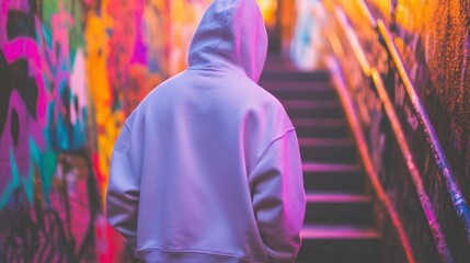 Obraz premium Urban style in colorful alley: person in oversized hoodie and cargo pants