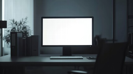 Silent Workspace: A dimly lit office workspace, featuring a blank computer screen and a sense of solitude, perfect for conveying a feeling of concentration and focus.