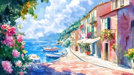 A detailed watercolor illustration of an Italian seaside town with fishing boats, narrow alleys, and blooming flowers, soft artistic strokes 