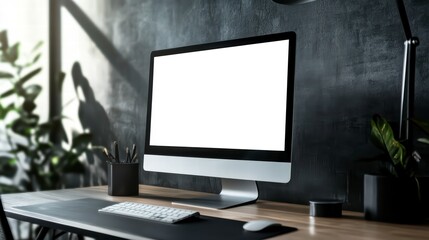 Fototapeta premium Minimalist Workspace with Modern Tech: A sleek and contemporary workspace, featuring a modern desktop computer with a clean screen.