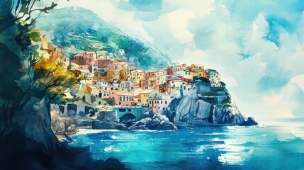 A painting of a beach with a small town in the background