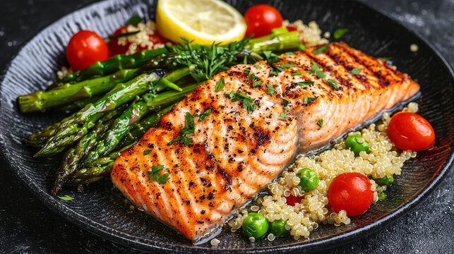 Grilled salmon with asparagus, quinoa, and cherry tomatoes