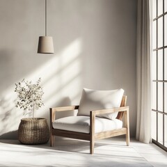 Minimalist living room corner with wooden armchair, sunlight, and plant.