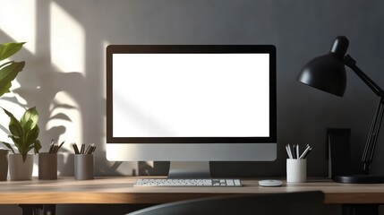 Fototapeta premium A sleek, uncluttered workspace setup, featuring a contemporary computer monitor on a wooden desk. Sunlight casts striking shadows.