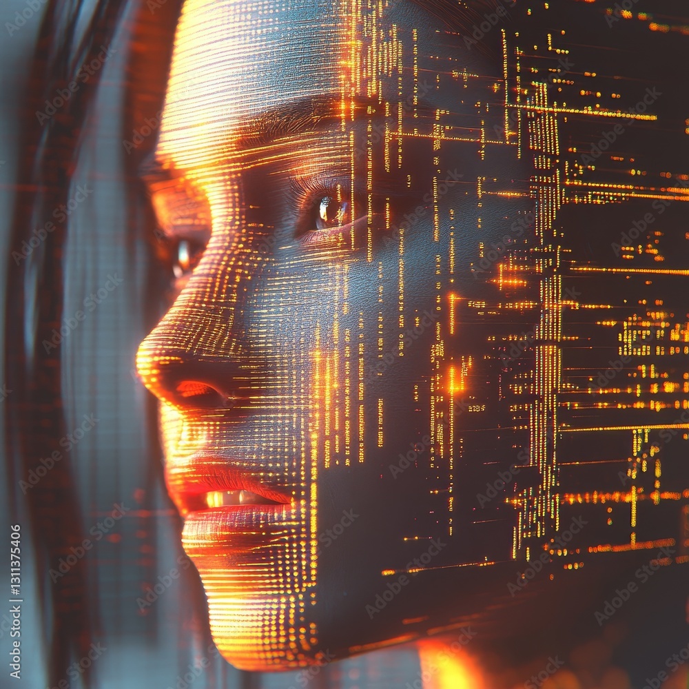 Poster profile of a woman with digital interface and data visualization