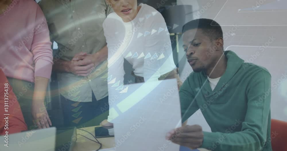 Poster collaborating over documents, diverse team in office with digital data animation