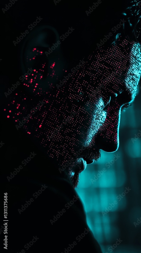 Poster profile of a man with neon data overlay and futuristic vibes