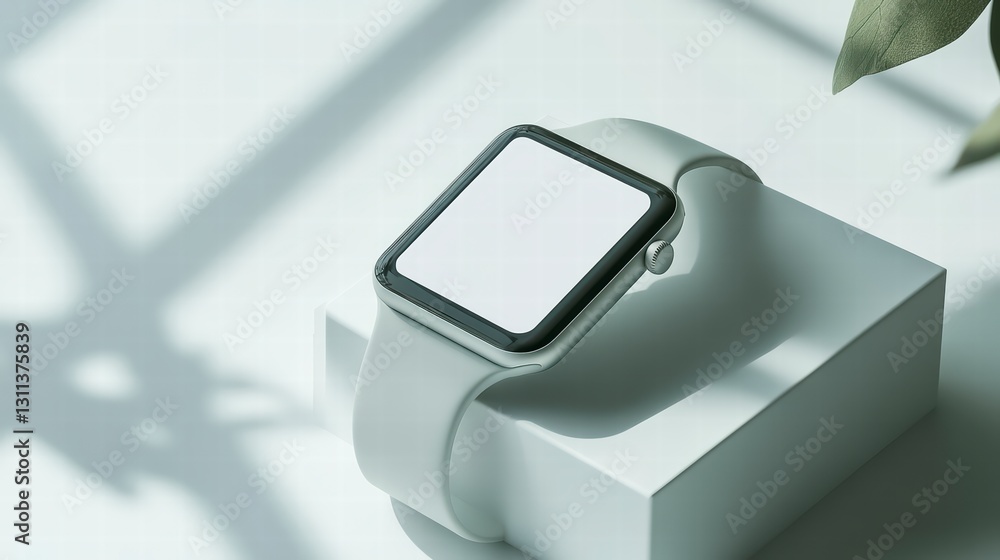Poster smartwatch presentation: a modern smartwatch, displaying a blank screen, is artfully presented on a 