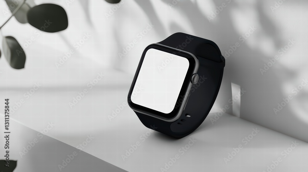 Poster smartwatch display: a modern smartwatch rests on a minimalist surface with leaf shadow, offering a s