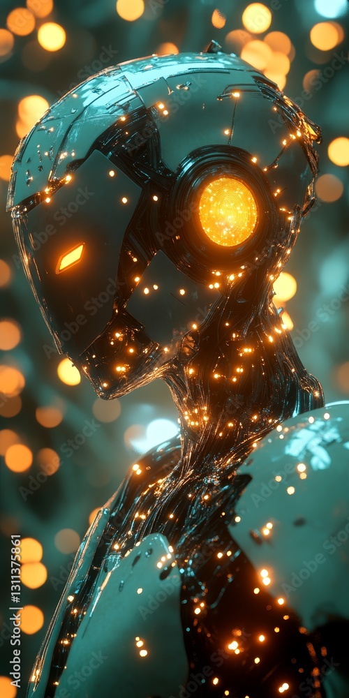 Poster futuristic robot portrait with glowing elements and soft background