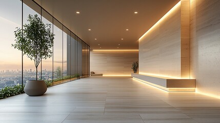 Modern minimalist interior of a spacious room with sunset view and elegant decor