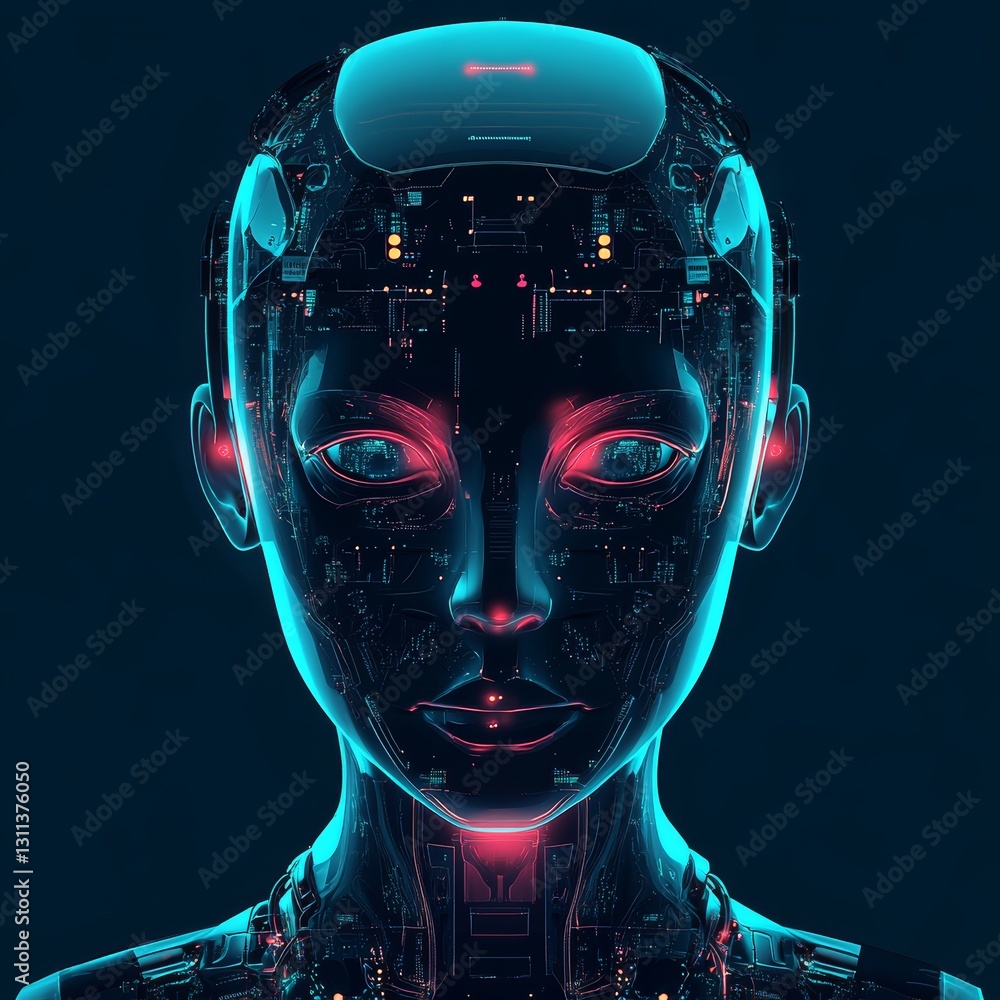 Poster futuristic female robot face with digital circuit patterns and glow