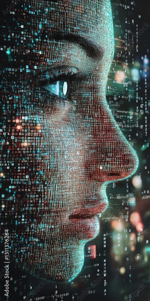 Poster digital human face with data streams in futuristic concept art