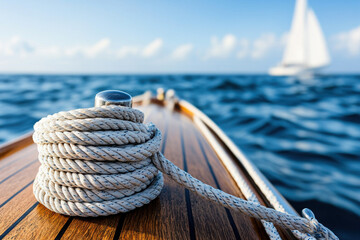 A close-up view of a coiled rope on a boat with a sailboat in the background, capturing the serenity of the open water, sail