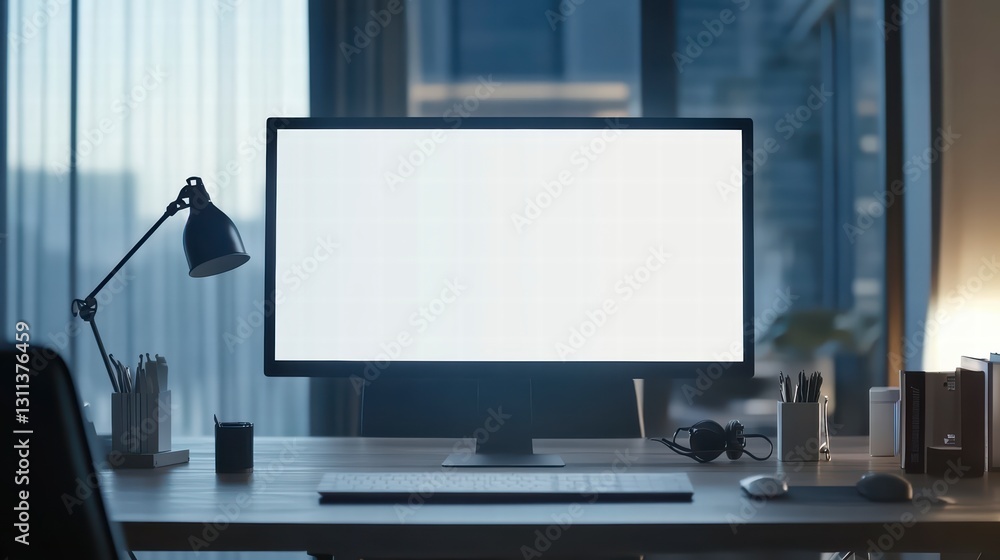 Poster modern workspace with blank monitor: a sleek, modern office setup featuring a blank computer monitor